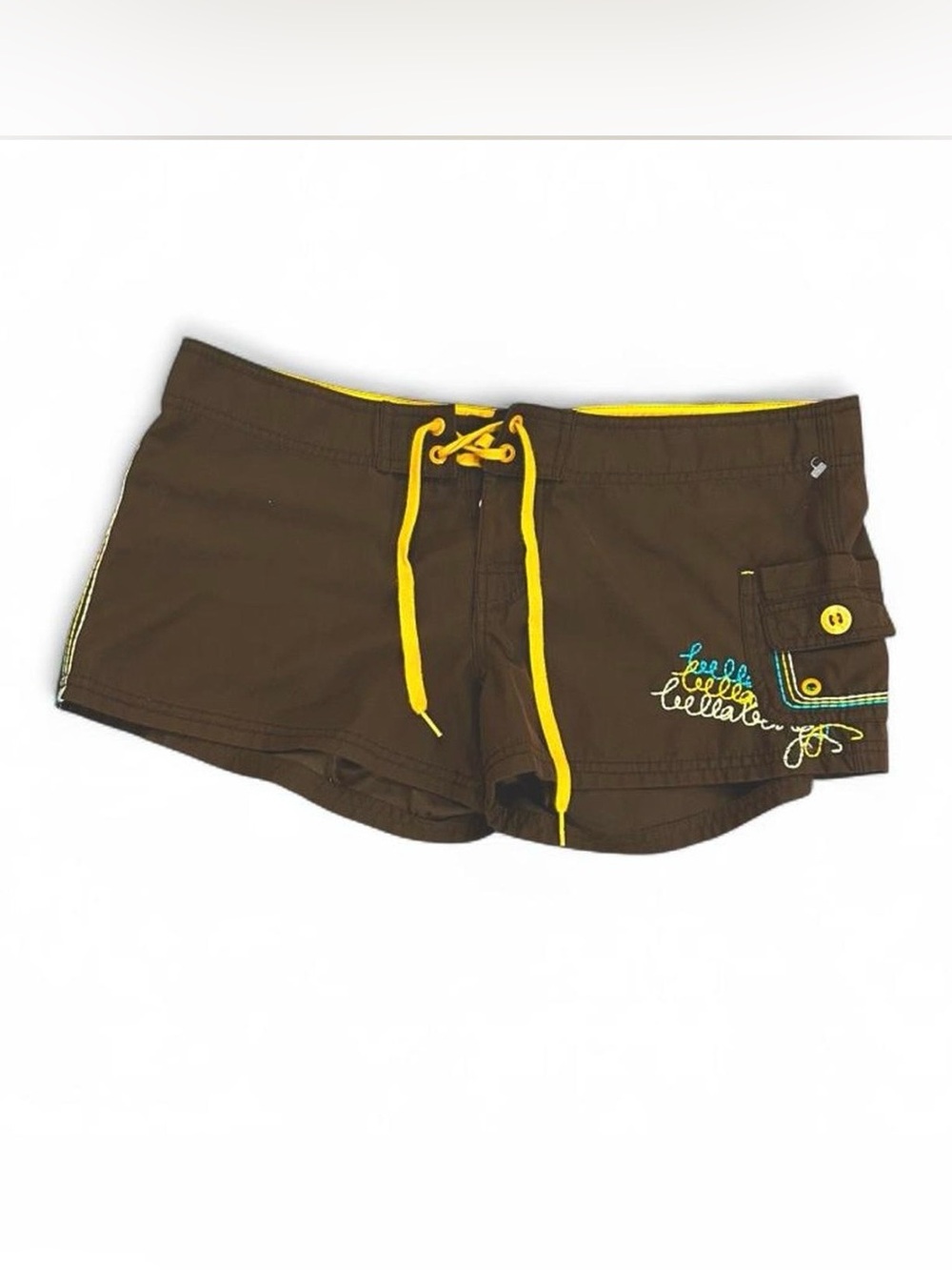 Billabong Low Rise Brown Mini Shorts with Yellow Writing
